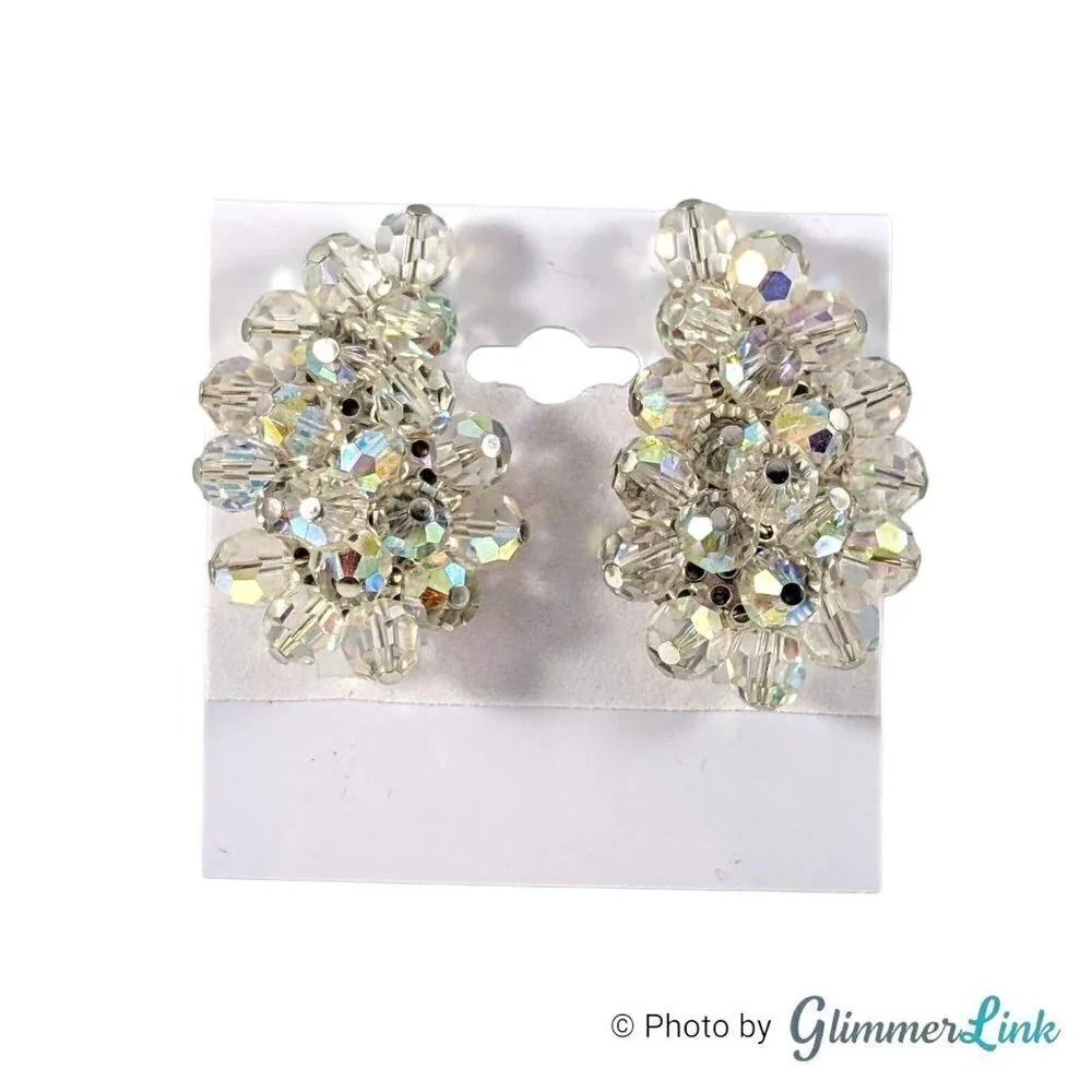 VTG AB Aurora Borealis Beaded Paisley Cluster Silver Tone Clip On Earrings